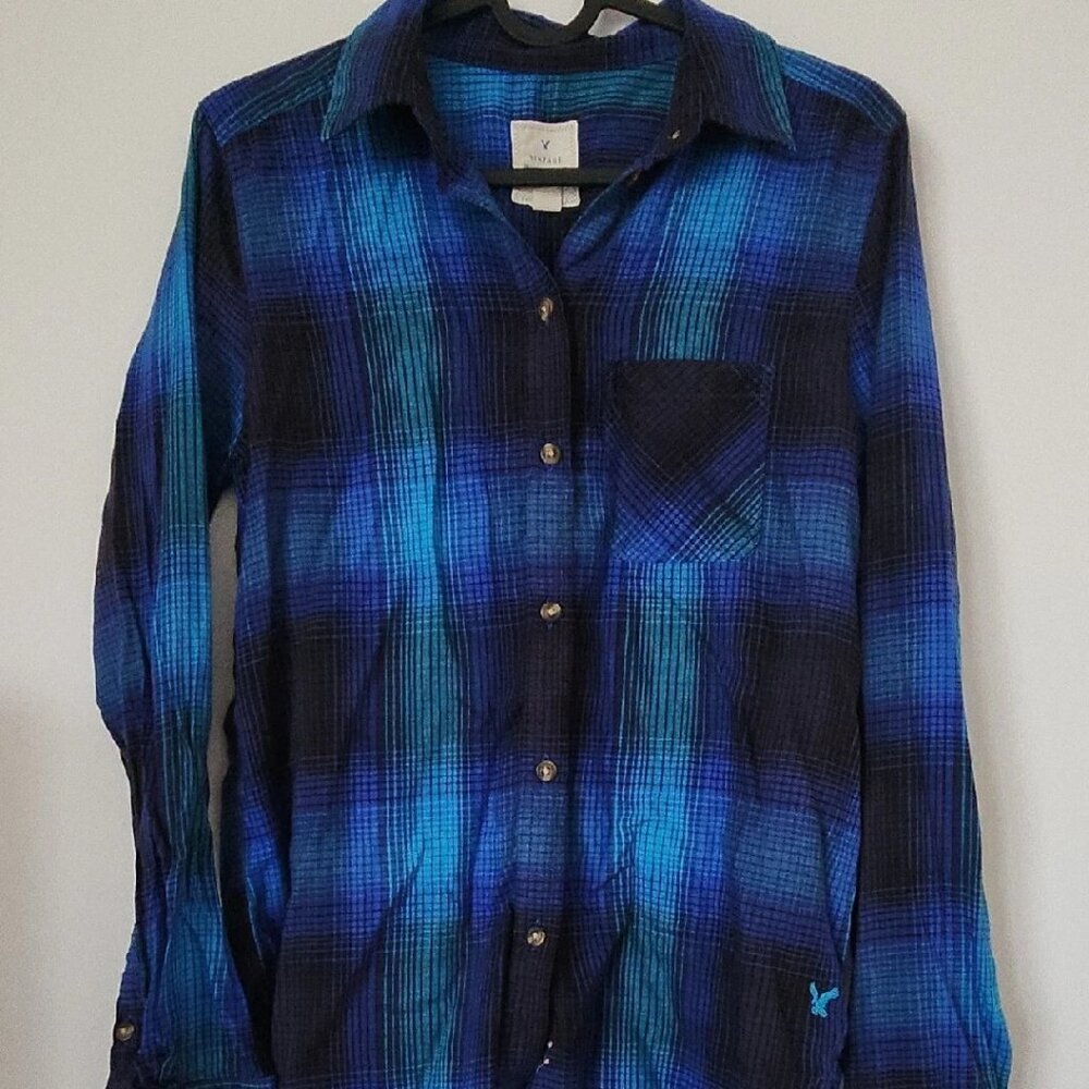 American Eagle Vintage Boyfriend Button Up Plaid Shirt Blue Flannel